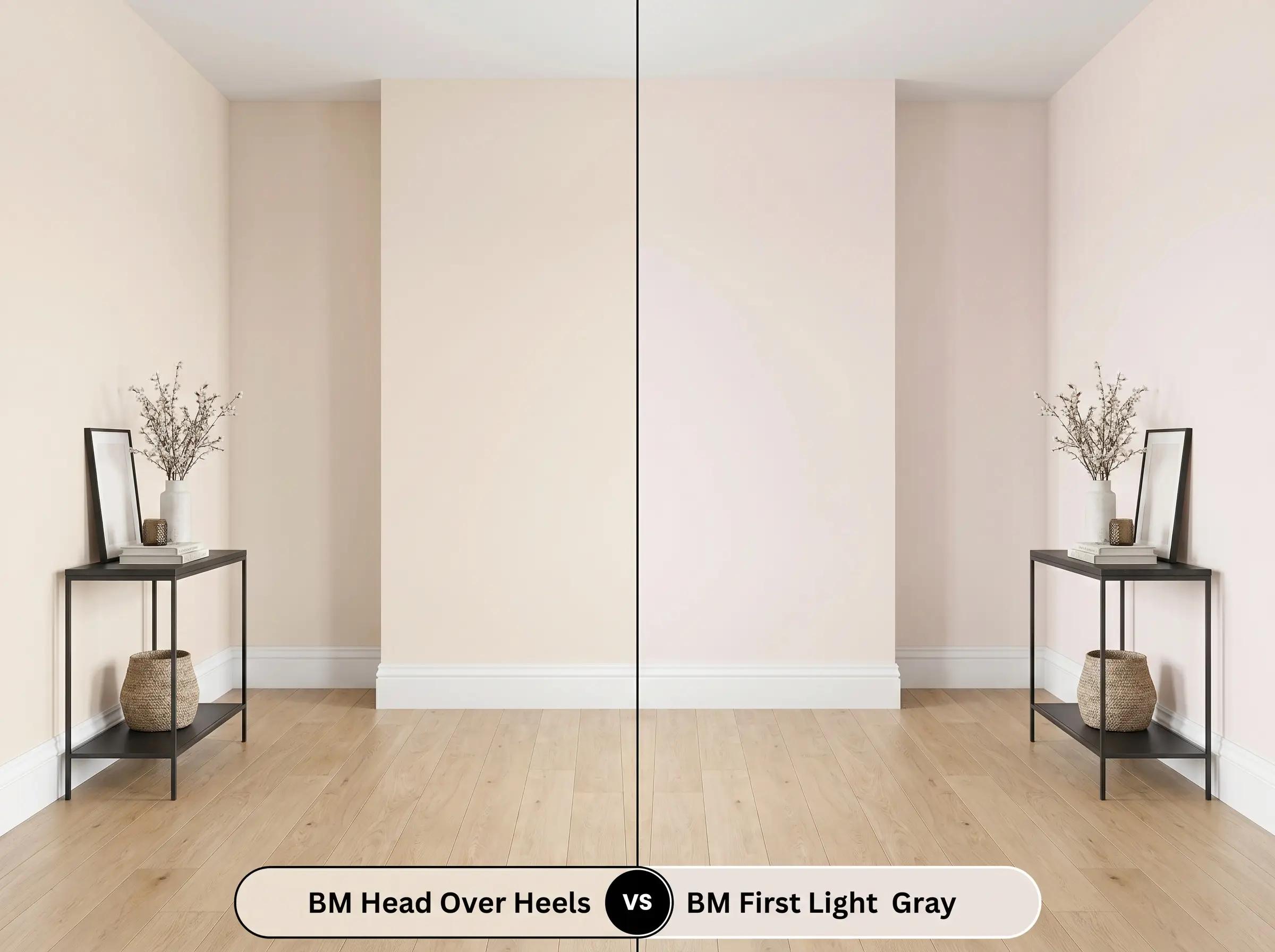 A side-by-side split-screen comparison of Benjamin Moore Head Over Heels on the left and Benjamin Moore First Light on the right, shown in a living room with white oak floors.