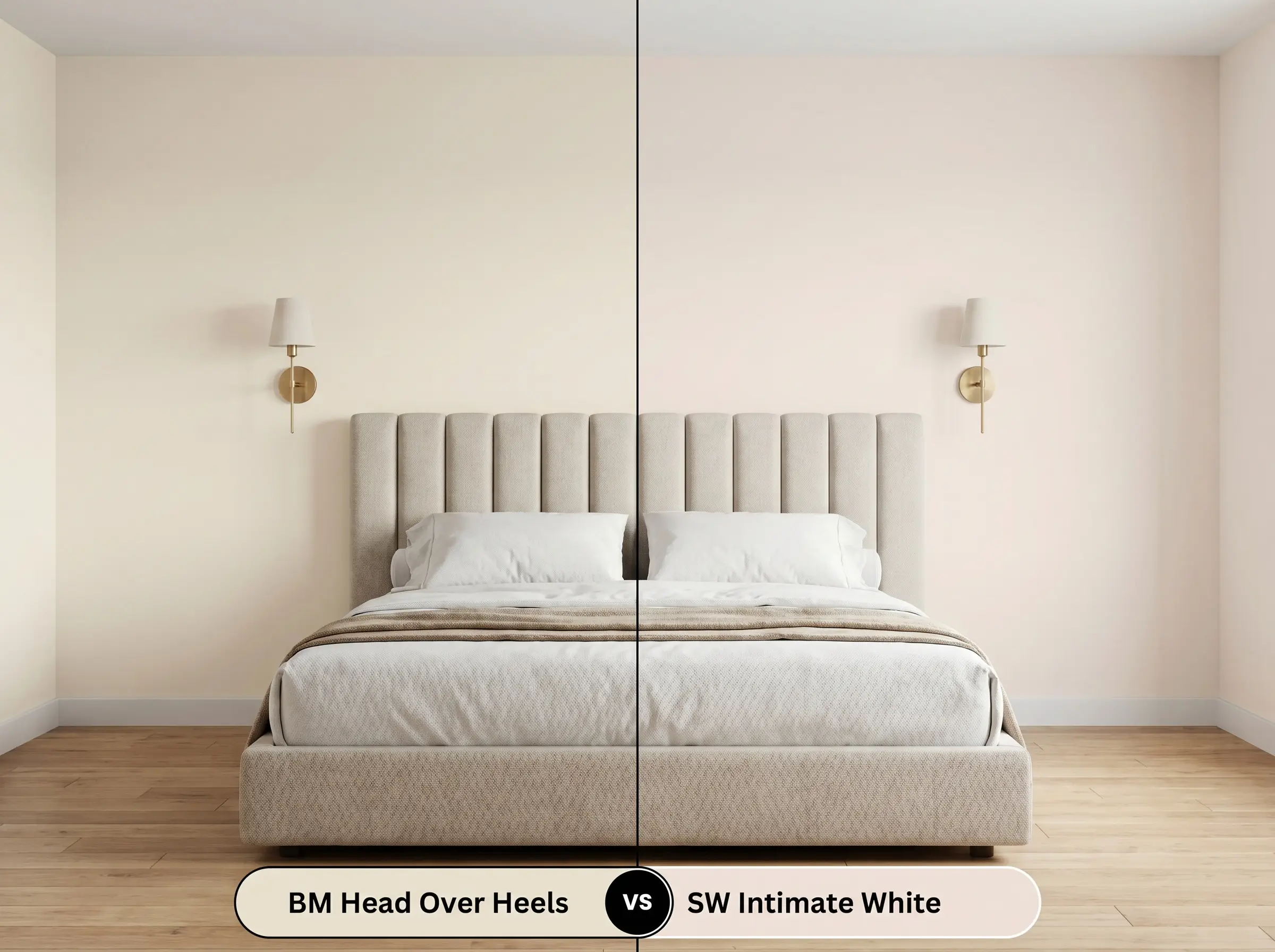 A side-by-side split-screen comparison of Benjamin Moore Head Over Heels on the left and Sherwin-Williams Intimate White on the right, shown in a bedroom with a channel-stitched headboard.