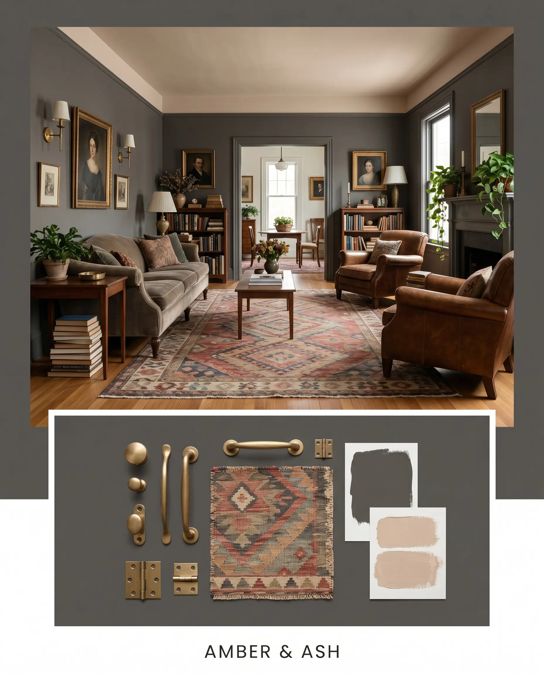A historic living room with soft black walls and unlacquered brass sconces sits above a curated flat-lay of kilim rug textiles, brass hardware, and earthy cast paint applications.