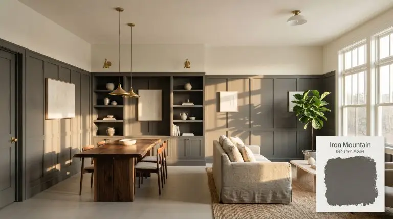 A stunning open-concept living and dining space painted in Benjamin Moore Iron Mountain (Hex #575553) features a walnut dining table, a washed slub cotton slipcovered sofa, and unlacquered brass hardware.