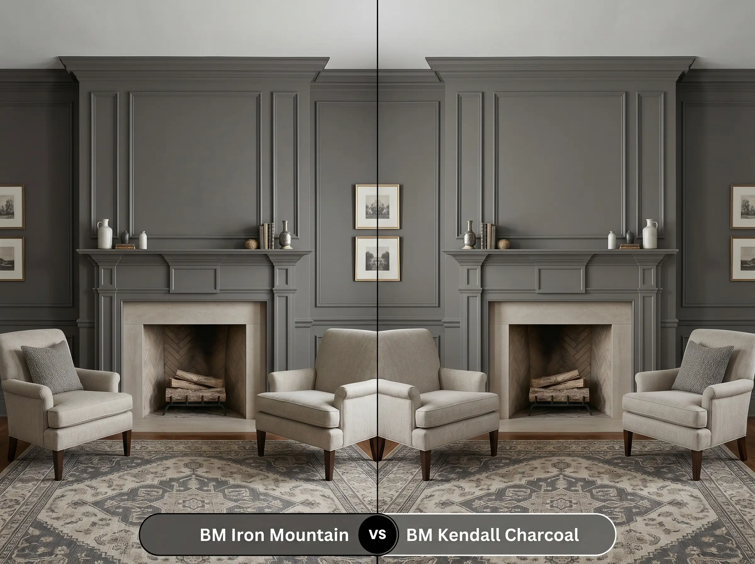 A side-by-side split-screen comparison of Benjamin Moore Iron Mountain on the left and Benjamin Moore Kendall Charcoal on the right, shown in a traditional living room with a stone fireplace.