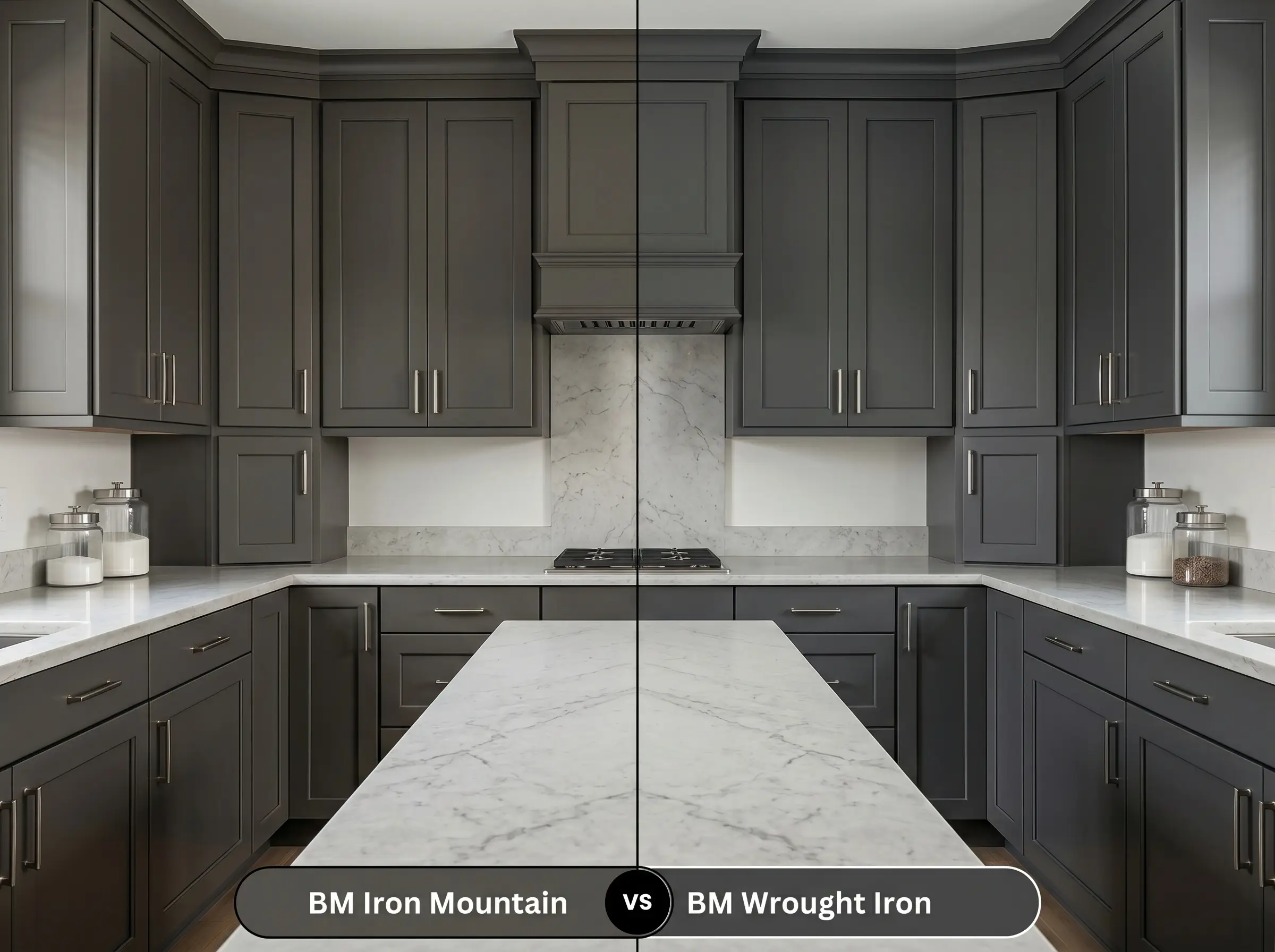 A side-by-side split-screen comparison of Benjamin Moore Iron Mountain on the left and Benjamin Moore Wrought Iron on the right, shown in a transitional kitchen with painted cabinetry.