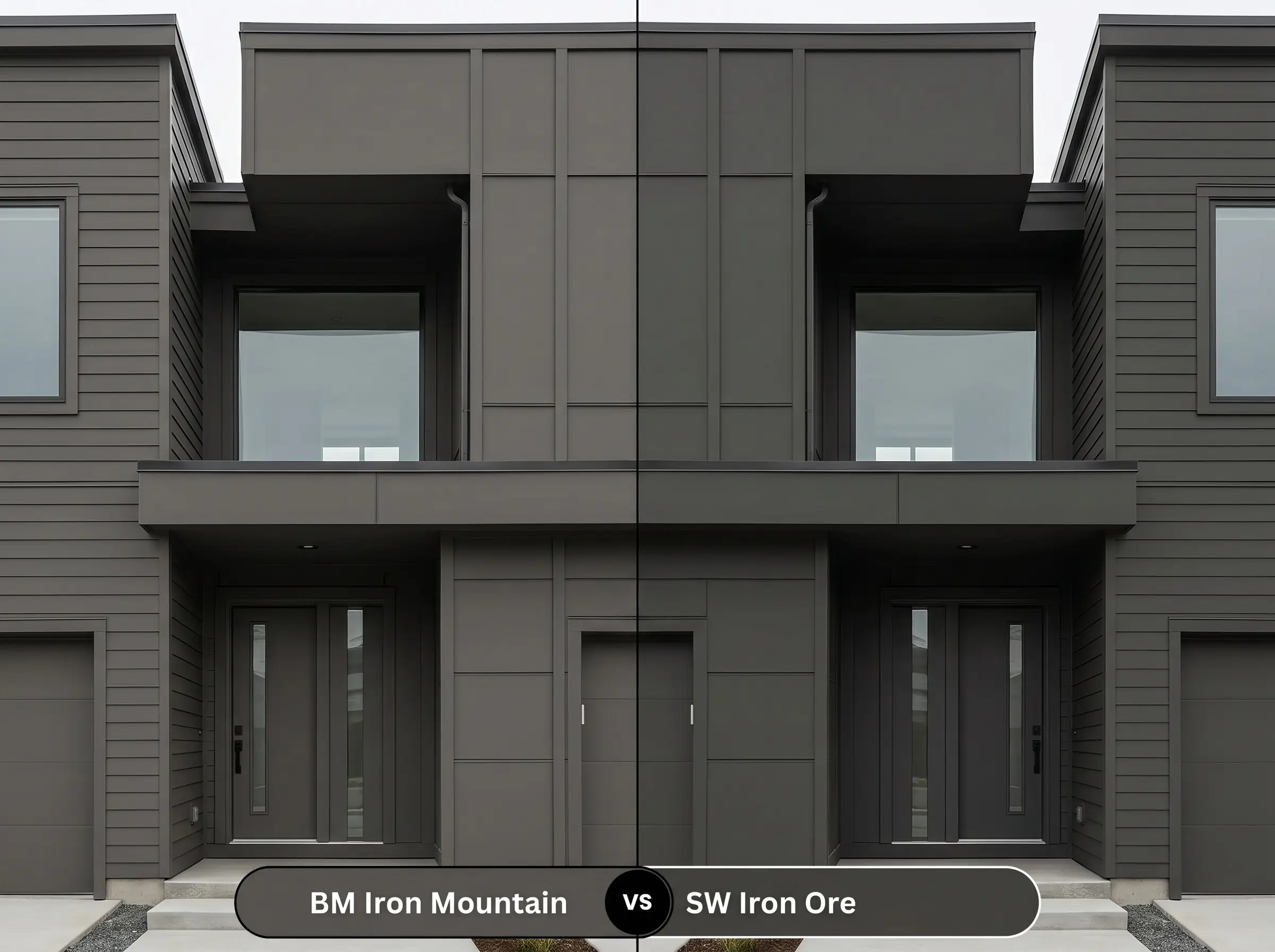 A side-by-side split-screen comparison of Benjamin Moore Iron Mountain on the left and Sherwin-Williams Iron Ore on the right, shown on a modern home exterior facade.