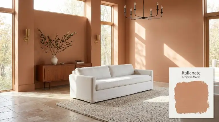 A spacious architectural living room painted in Benjamin Moore Italianate (Hex #CB9976) features tumbled travertine stone flooring and a crisp white washed linen sofa.