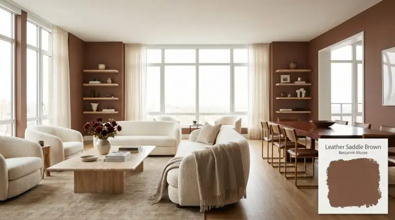 A photorealistic open-concept living and dining area painted in Benjamin Moore Leather Saddle Brown (Hex #754E3F), featuring a travertine coffee table and ivory boucle upholstery.