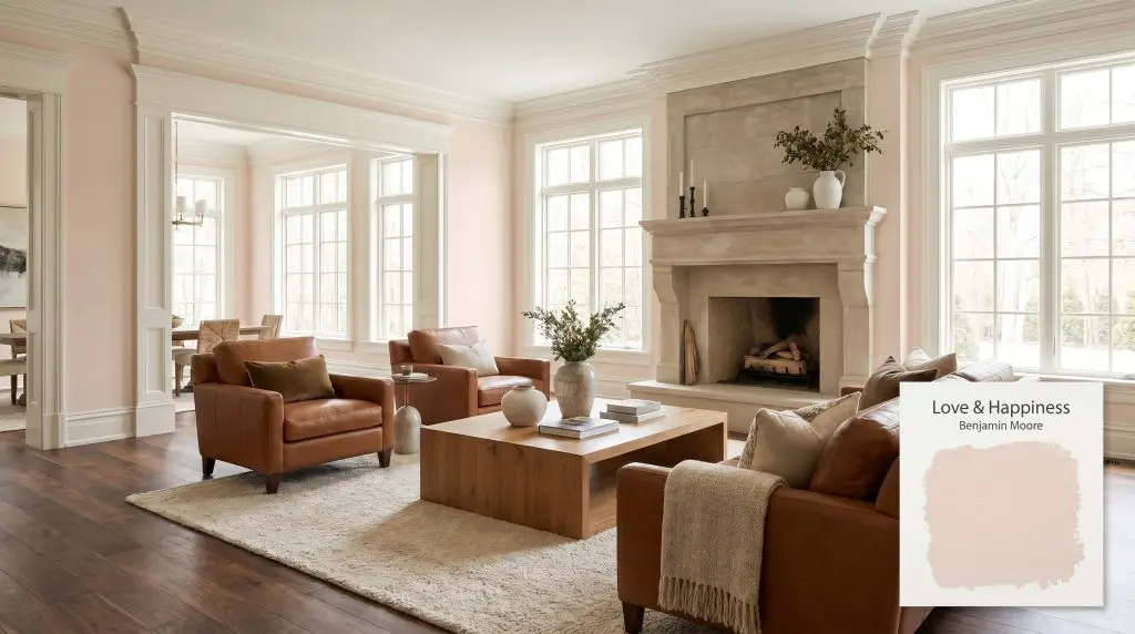 Expansive living room showcasing Benjamin Moore Love & Happiness (Hex #F2D9CC) on walls, featuring a natural stone fireplace, walnut flooring, and cognac leather upholstery.
