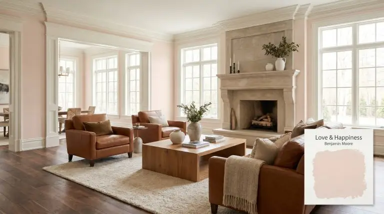 Expansive living room showcasing Benjamin Moore Love & Happiness (Hex #F2D9CC) on walls, featuring a natural stone fireplace, walnut flooring, and cognac leather upholstery.