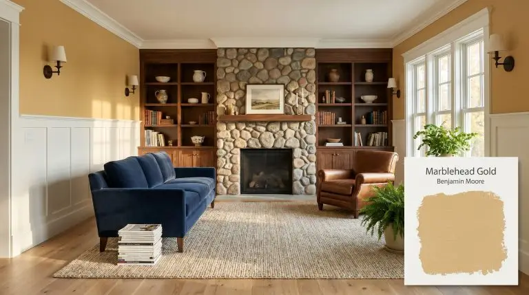 A photorealistic architectural wide shot of a craftsman living room painted in Benjamin Moore Marblehead Gold (Hex #E1C478), featuring a river rock fireplace and navy velvet sofa.
