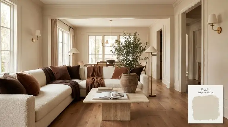 A photorealistic architectural shot of a transitional living space painted in Benjamin Moore Muslin (Hex #E1D6C1), featuring red oak flooring and a bouclé sofa.