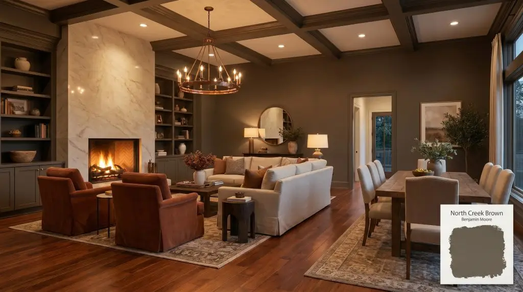 A luxurious open-concept living space painted in Benjamin Moore North Creek Brown (Hex #65594A), featuring custom bookshelves, Brazilian cherry floors, and terracotta velvet chairs.