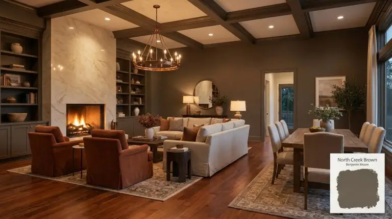 A luxurious open-concept living space painted in Benjamin Moore North Creek Brown (Hex #65594A), featuring custom bookshelves, Brazilian cherry floors, and terracotta velvet chairs.