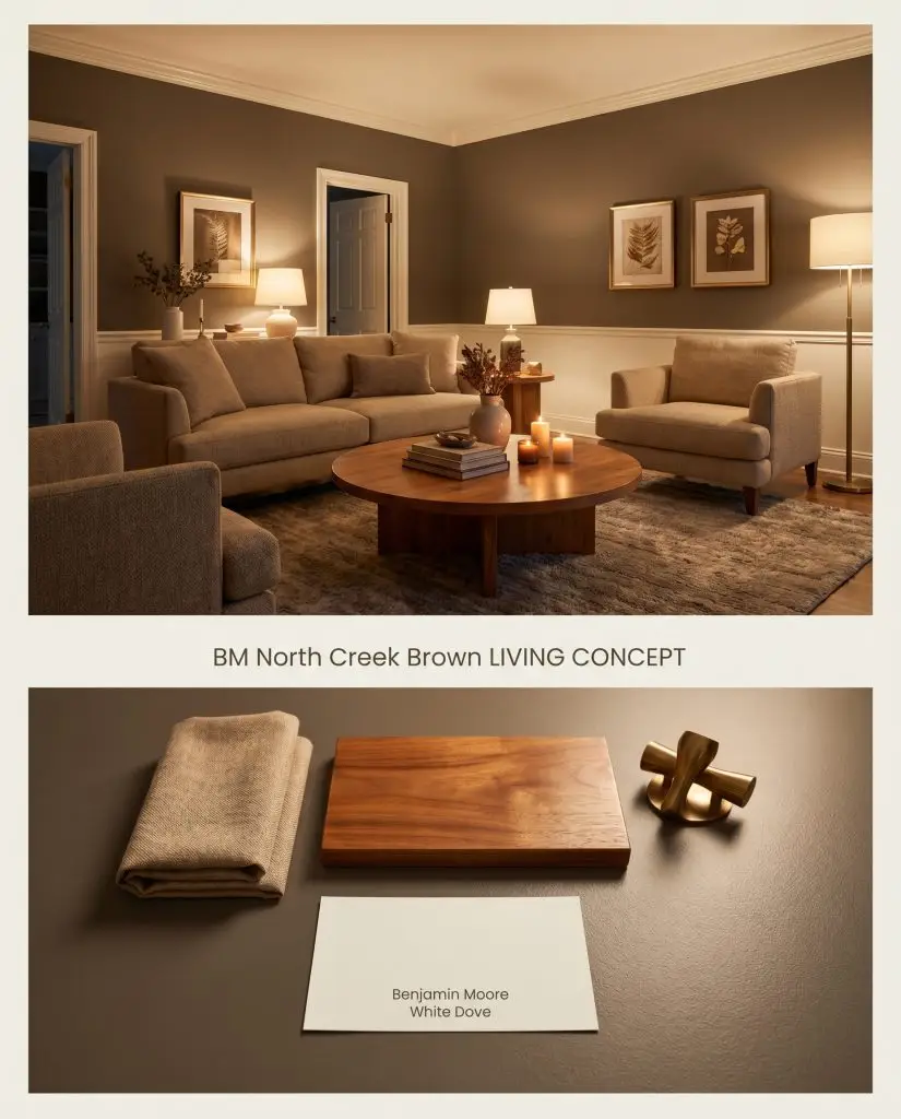 A split digital conceptual board for a living area showcasing Benjamin Moore North Creek Brown walls above a flat-lay containing warm beige upholstery and brass accents.