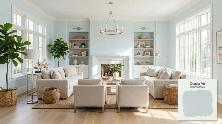 A bright coastal living room featuring Benjamin Moore Ocean Air (Hex #D3E1E1) walls, white oak floors, a honed marble fireplace, and chunky linen upholstery.
