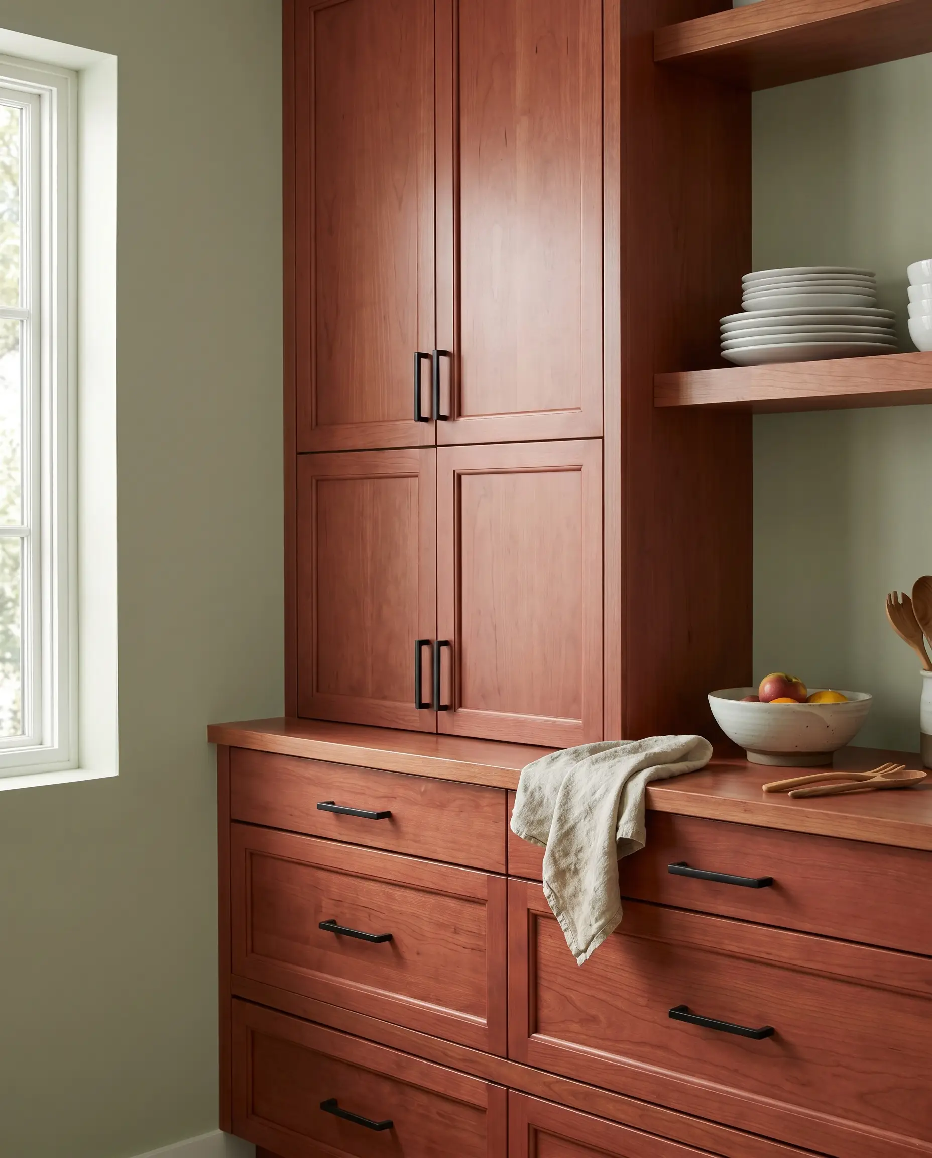 A soft silvery sage painted wall provides a subtle backdrop for red-toned cherry wood cabinetry, matte black hardware, and an open shelf holding white plates.