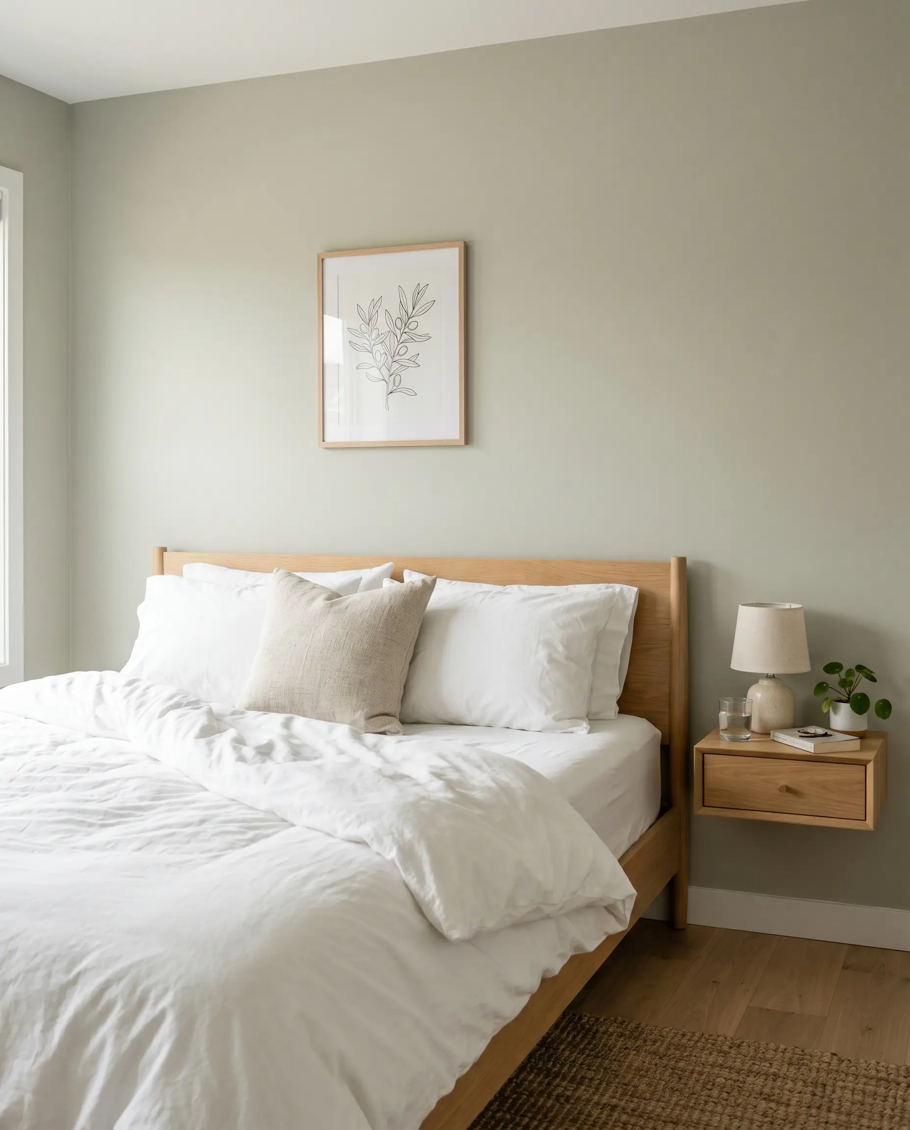 A clean white oak bed frame dressed in crisp white cotton sheets rests against a gentle, highly adaptable silvery green painted surface.