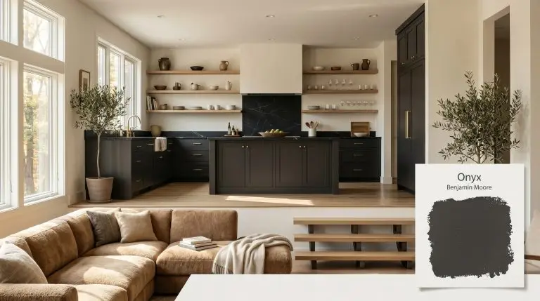 An open-concept kitchen features lower cabinets and an island painted in Benjamin Moore Onyx (Hex #353434), complemented by white oak shelving and a mohair sectional.