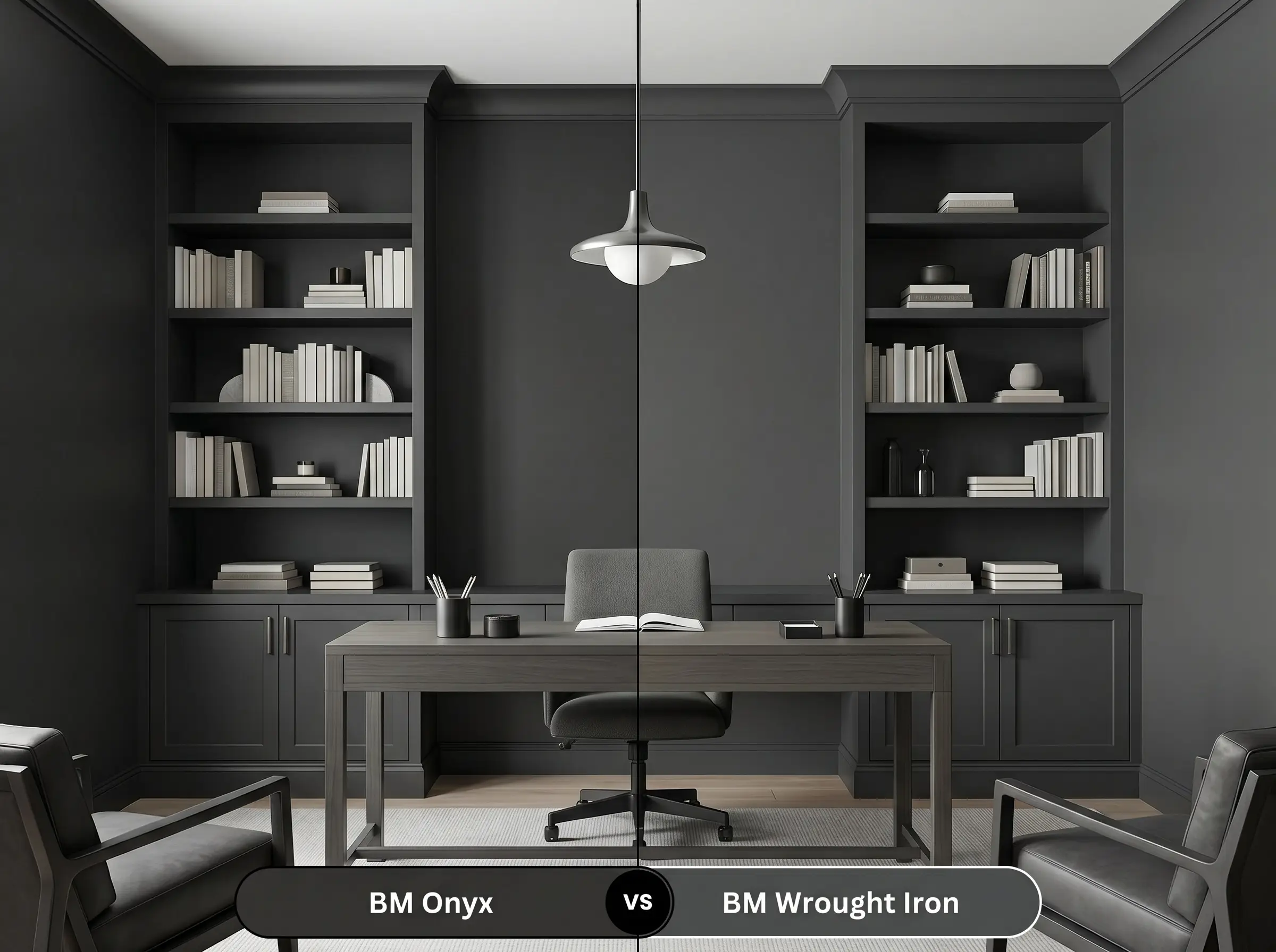 A side-by-side split-screen comparison of Benjamin Moore Onyx on the left and Benjamin Moore Wrought Iron on the right, shown in a transitional home office.