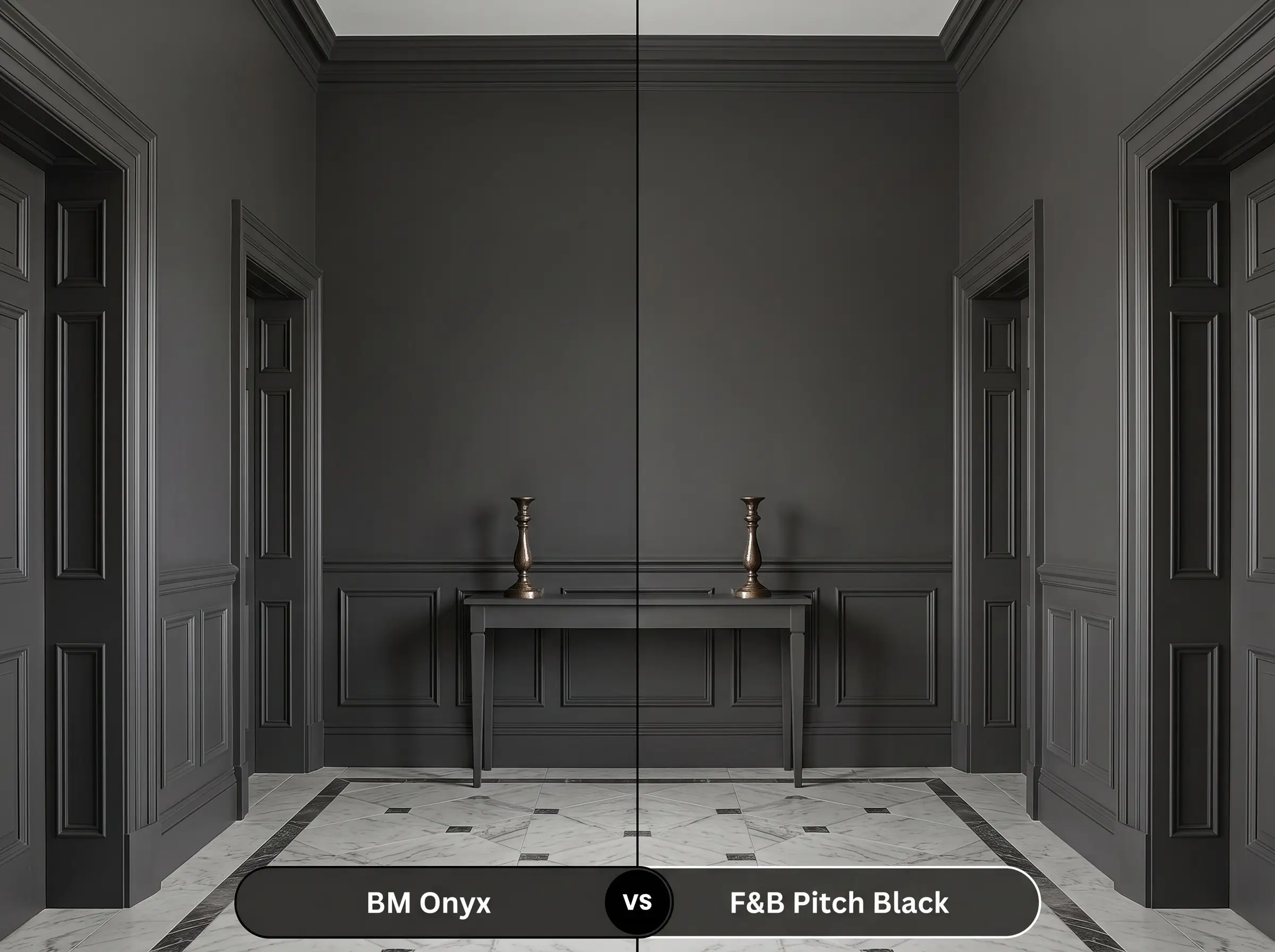 A side-by-side split-screen comparison of Benjamin Moore Onyx on the left and Farrow & Ball Pitch Black on the right, shown in a historic entryway.