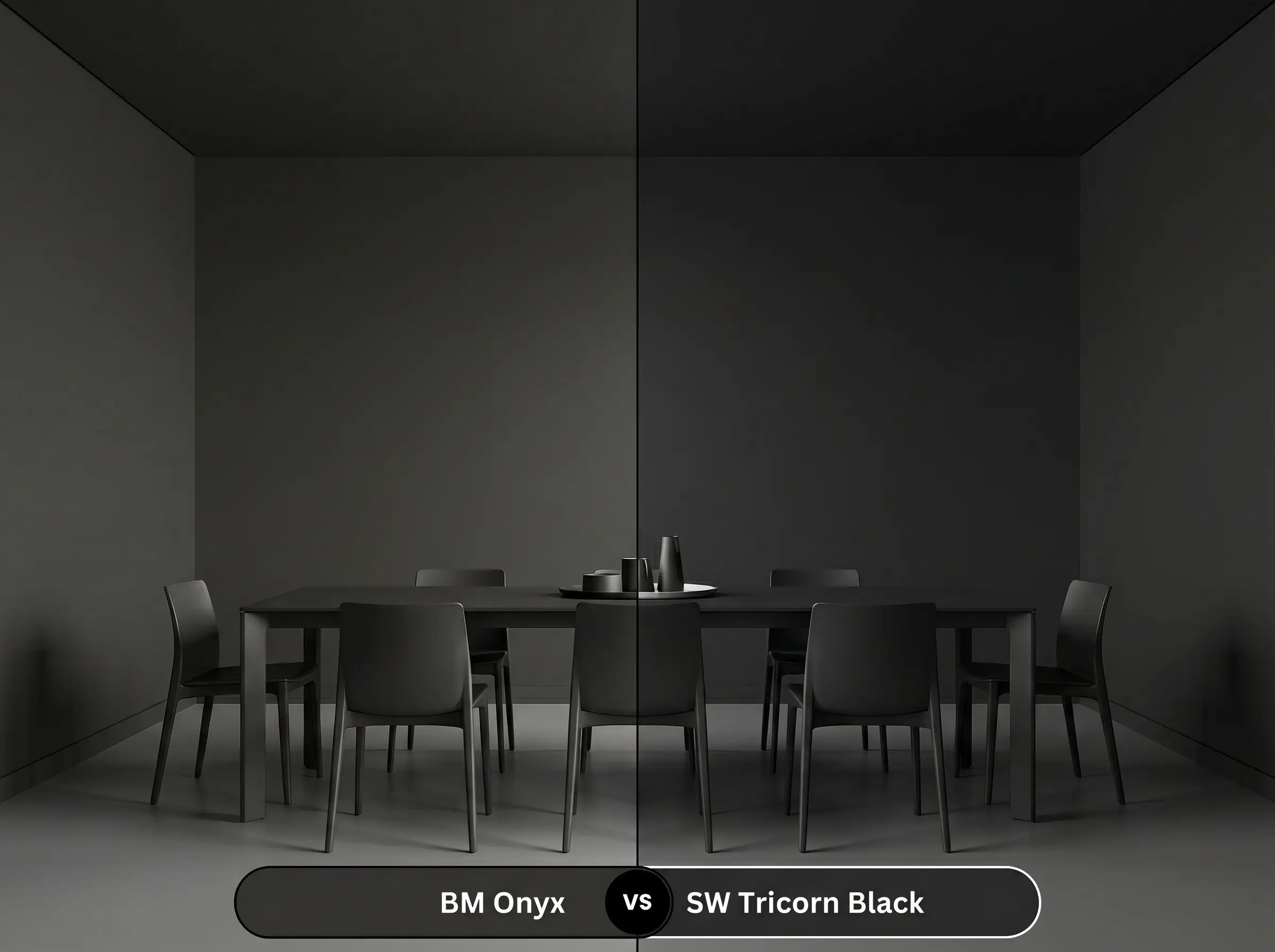 A side-by-side split-screen comparison of Benjamin Moore Onyx on the left and Sherwin-Williams Tricorn Black on the right, shown in an ultra-modern dining room.