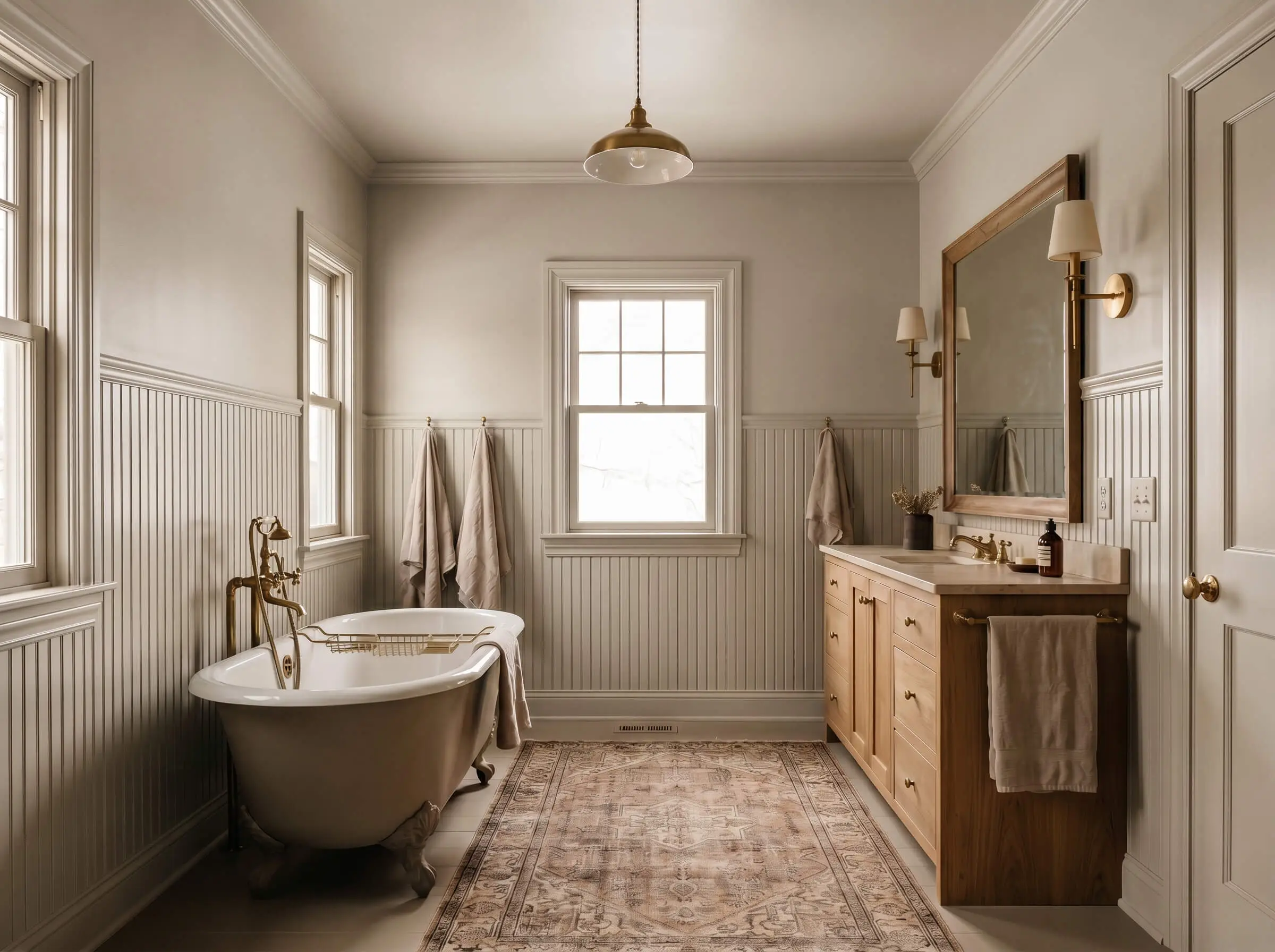 Lower beadboard wainscoting and upper drywall match seamlessly in this Benjamin Moore Pale Oak bathroom, complementing a classic clawfoot tub and vintage-inspired rug.