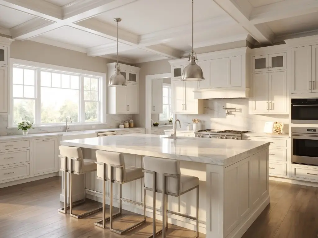 Benjamin Moore Pale Oak walls surround an open-concept kitchen featuring a large central island with honed marble countertops and brushed nickel pendant lights.