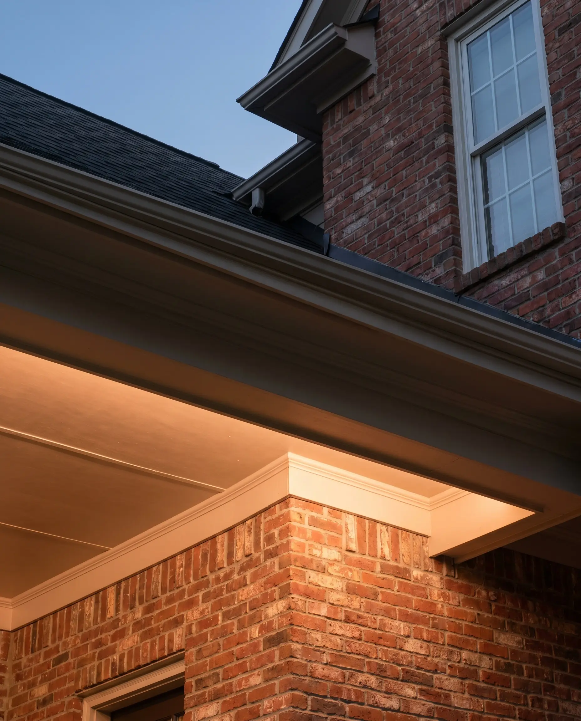Red brick house color schemes benefit from light taupe painted deep roof overhangs and a porch soffit glowing warmly above the textured masonry.