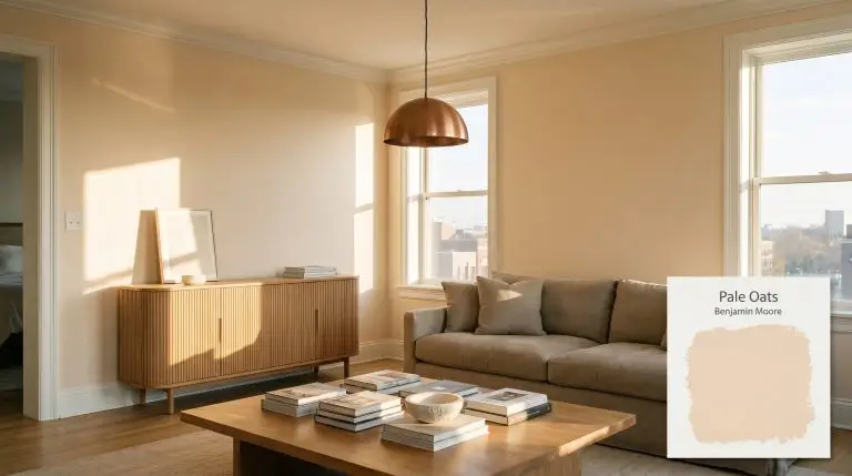A fluted oak side console and plush washed linen sofa sit within an elevated living room painted in Benjamin Moore Pale Oats (Hex #F9DEC3).