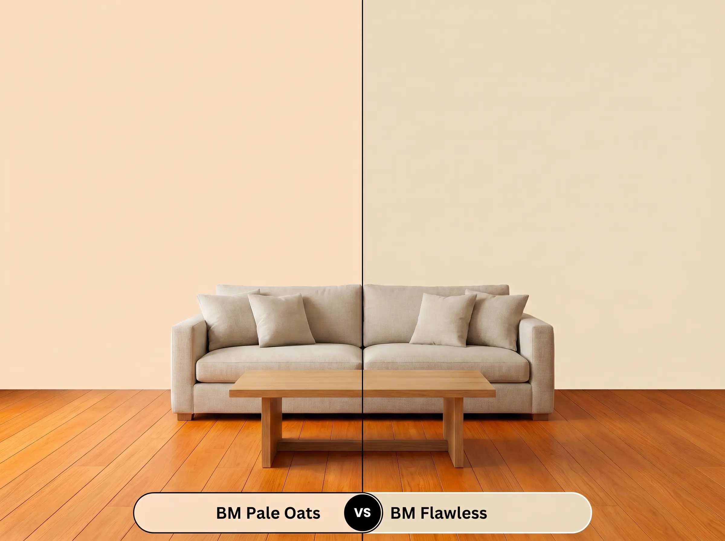 A side-by-side split-screen comparison of Benjamin Moore Pale Oats on the left and Benjamin Moore Flawless on the right, shown in a minimalist living room with intensely warm wood floors.