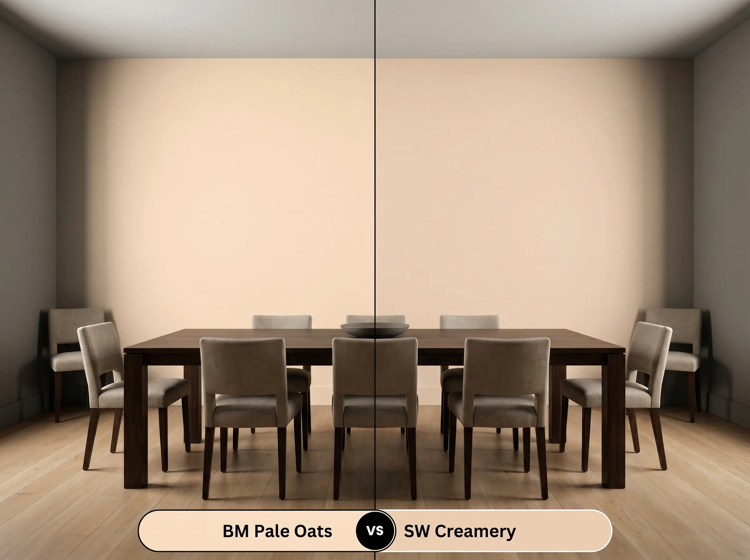 A side-by-side split-screen comparison of Benjamin Moore Pale Oats on the left and Sherwin-Williams Creamery on the right, shown in a shadowy dining room with a dark walnut table.