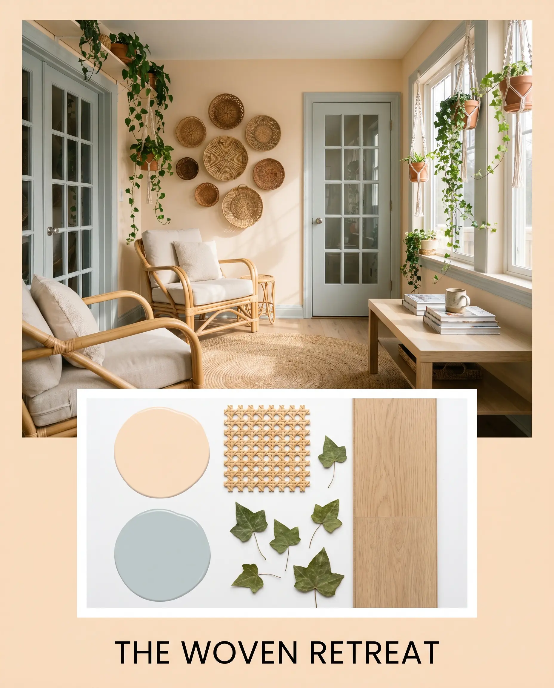 Woven rattan seating and trailing ivy define a serene sunroom mood board featuring walls painted in Benjamin Moore Pale Oats (Hex #F9DEC3) and Smoke interior doors.