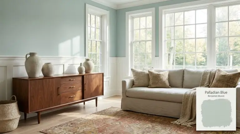 A mid-century walnut sideboard and slipcovered linen sofa sit against crisp white wainscoting and walls painted in Benjamin Moore Palladian Blue (Hex #C1D1C9).