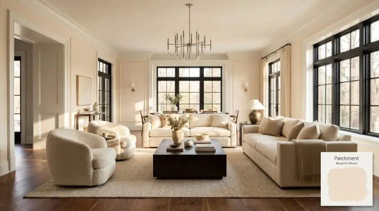 A sun-drenched open-concept living space painted in Benjamin Moore Parchment (Hex #F7E7D4), featuring matte walnut floors and unbleached cotton sofas.