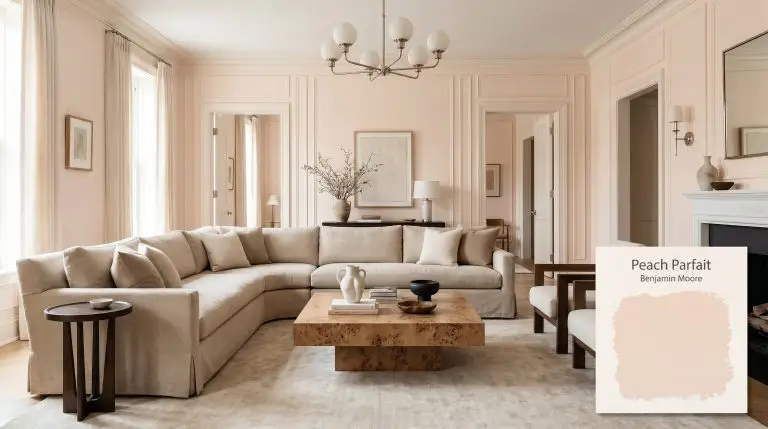 A sweeping stonewashed canvas sofa and brutalist burl wood coffee table sit within a sophisticated living room painted in Benjamin Moore Peach Parfait (Hex #F9E7DA).