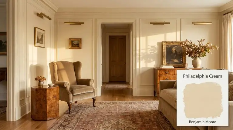 Intricate picture molding painted in Benjamin Moore Philadelphia Cream (Hex #EDDDB7) surrounds a plush mohair wingback chair, polished burl wood tables, and a vintage Persian rug.