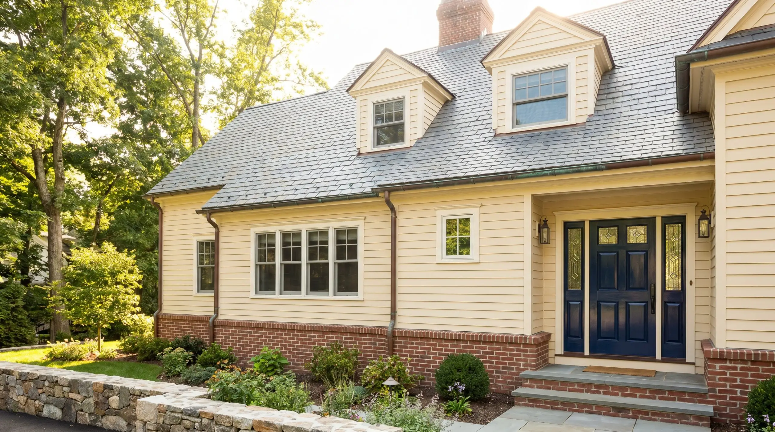 Traditional wood clapboard siding painted in Benjamin Moore Philadelphia Cream (Hex #EDDDB7) pairs with a natural slate roof, copper gutters, and a navy front door.