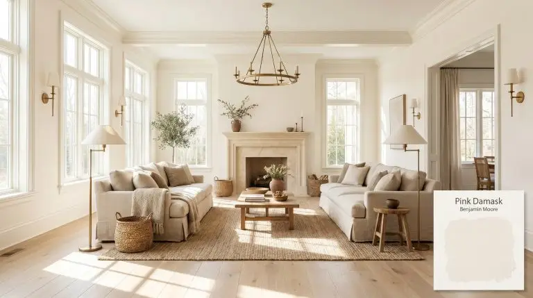 A grand living space painted in Benjamin Moore Pink Damask (Hex #F6F0E7), featuring wide-plank white oak floors, a cream marble fireplace, and south-facing windows.