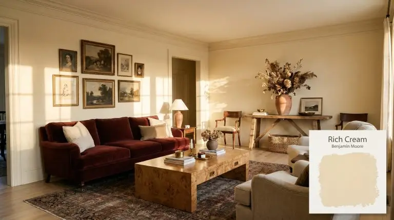 A spacious English Country lounge features walls and trim drenched in Benjamin Moore Rich Cream (Hex #F2E4C5), highlighting an oxblood velvet sofa and burl wood coffee table.