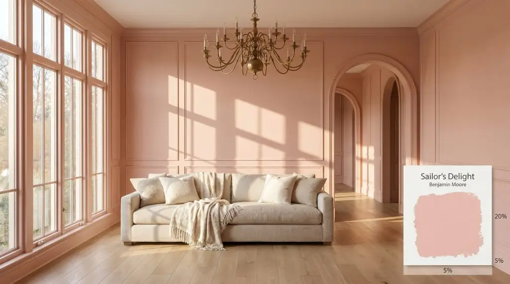 An elegant living space featuring wainscoted walls painted in Benjamin Moore Sailor's Delight (Hex #F3BCBA), paired with an oatmeal linen sofa and unlacquered brass chandelier.