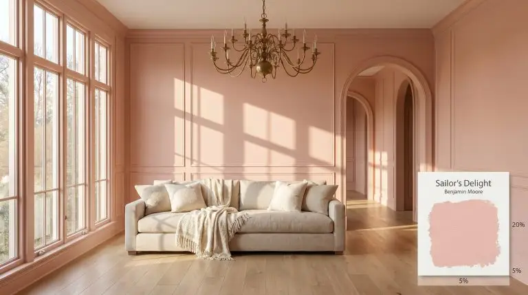 An elegant living space featuring wainscoted walls painted in Benjamin Moore Sailor's Delight (Hex #F3BCBA), paired with an oatmeal linen sofa and unlacquered brass chandelier.