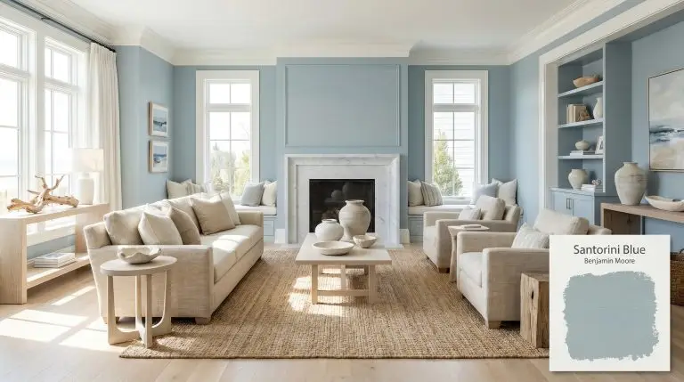 A photorealistic coastal living room featuring Benjamin Moore Santorini Blue (Hex #A2B4BA) walls, bleached white oak flooring, and a honed Carrara marble fireplace.