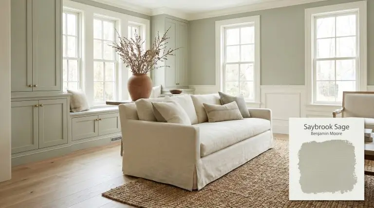 Lower built-in cabinetry and walls painted in Benjamin Moore Saybrook Sage (Hex #B1B7A2) anchor a transitional living room featuring a creamy linen slipcovered sofa.