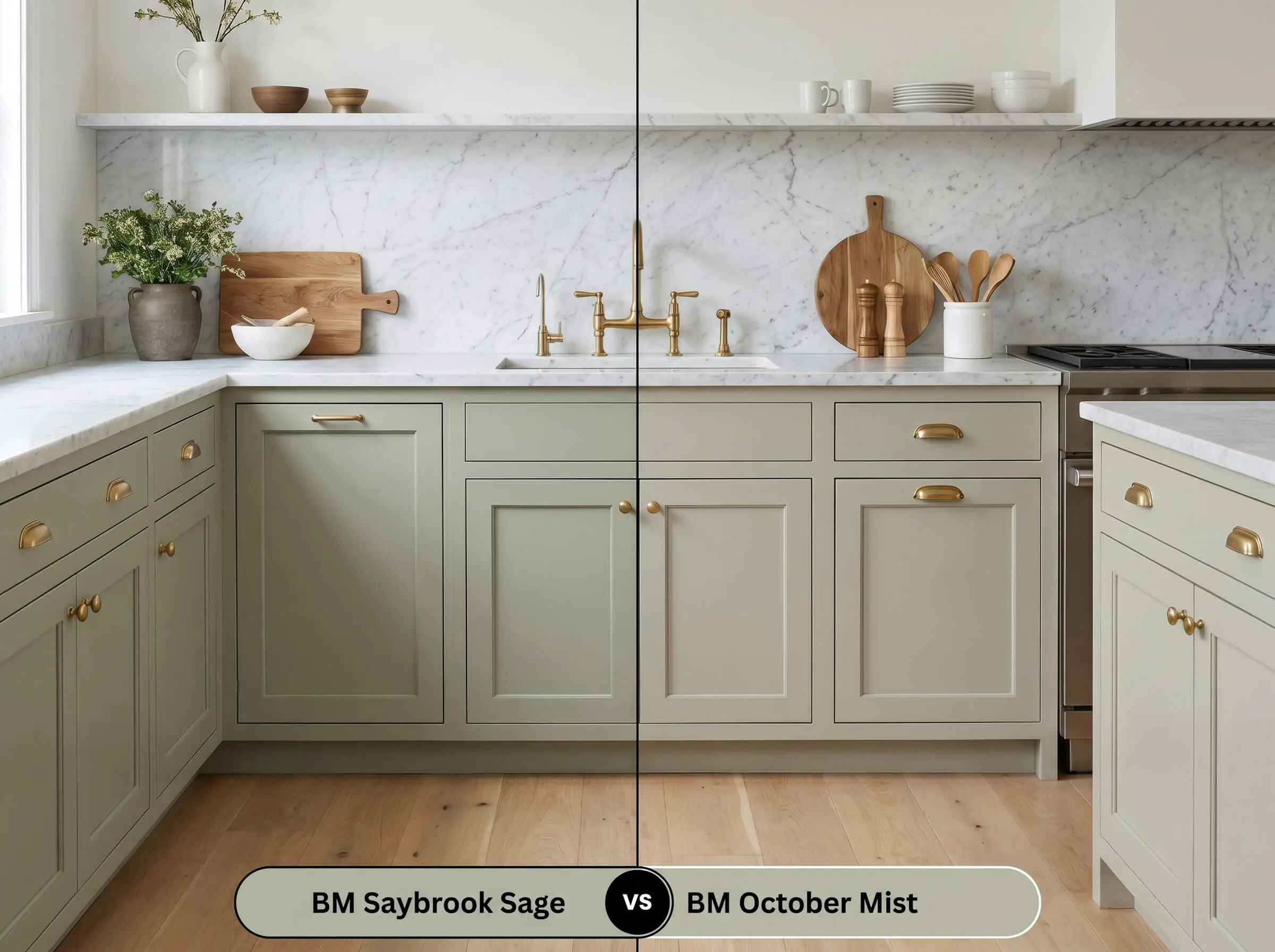 A side-by-side split-screen comparison of Benjamin Moore Saybrook Sage on the left and Benjamin Moore October Mist on the right, shown on lower kitchen cabinetry with honed Carrara marble.