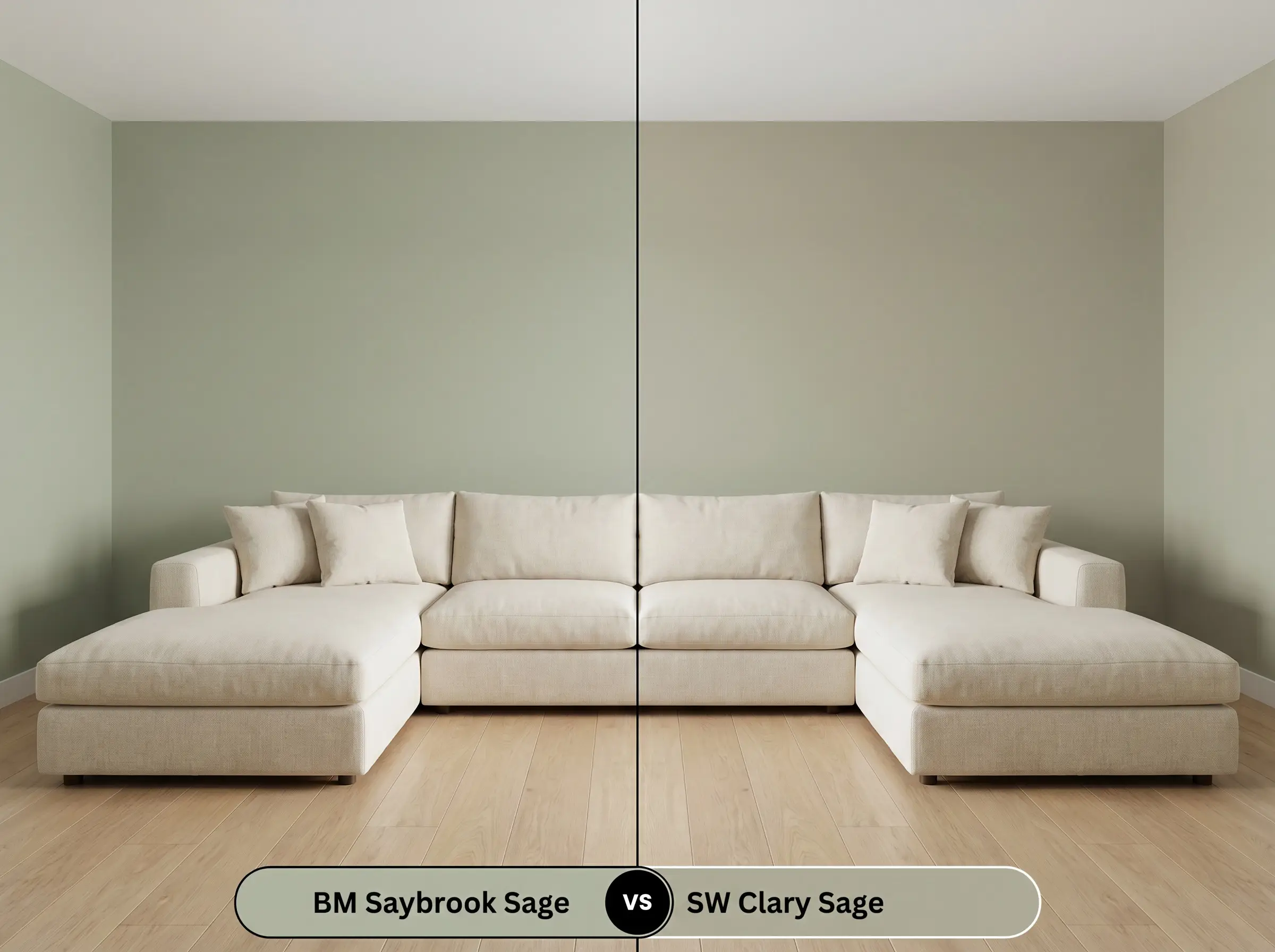 A side-by-side split-screen comparison of Benjamin Moore Saybrook Sage on the left and Sherwin-Williams Clary Sage on the right, shown in a living room featuring a creamy linen sofa.
