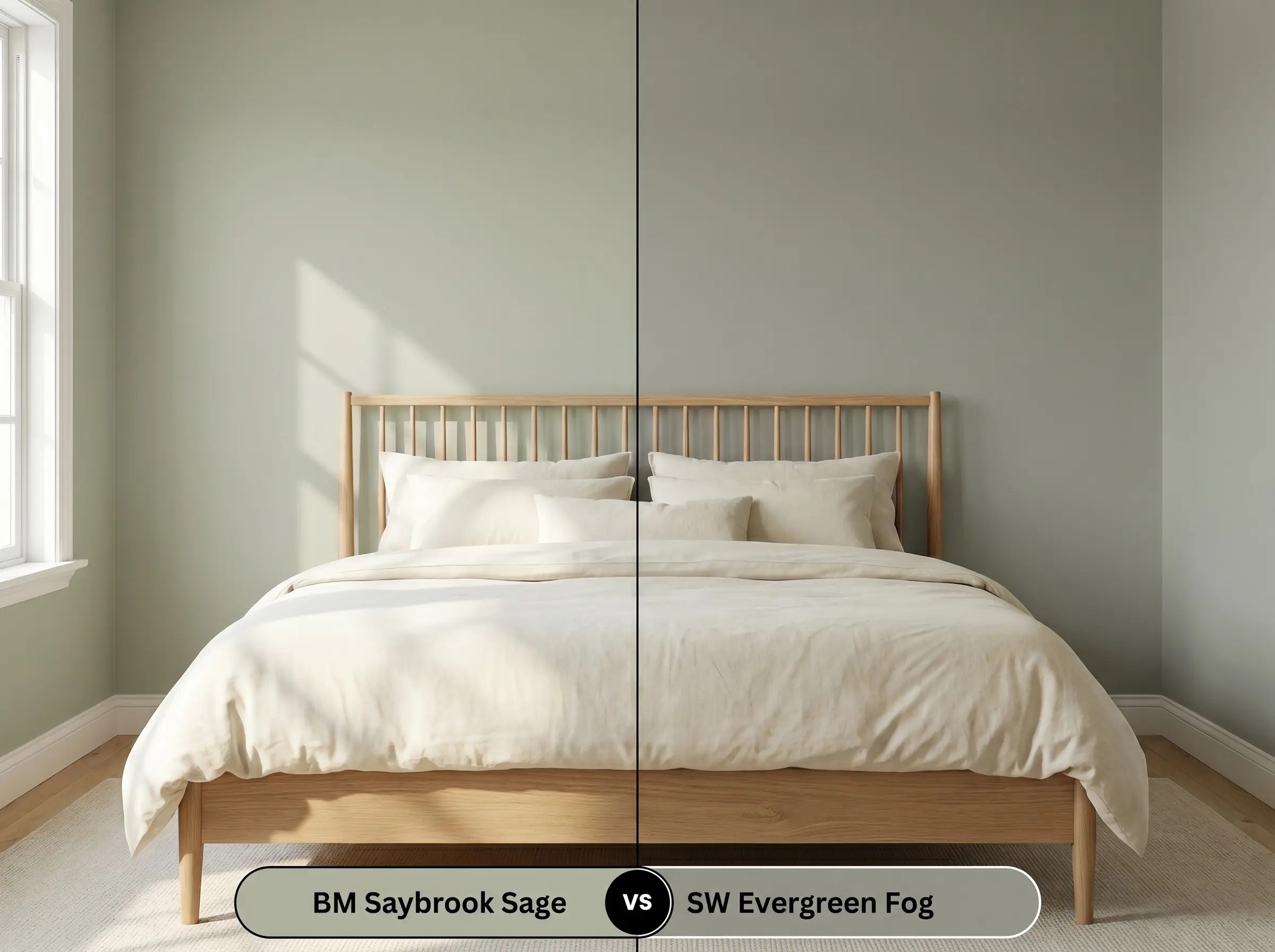 A side-by-side split-screen comparison of Benjamin Moore Saybrook Sage on the left and Sherwin-Williams Evergreen Fog on the right, shown in a bedroom with a white oak spindle bed.