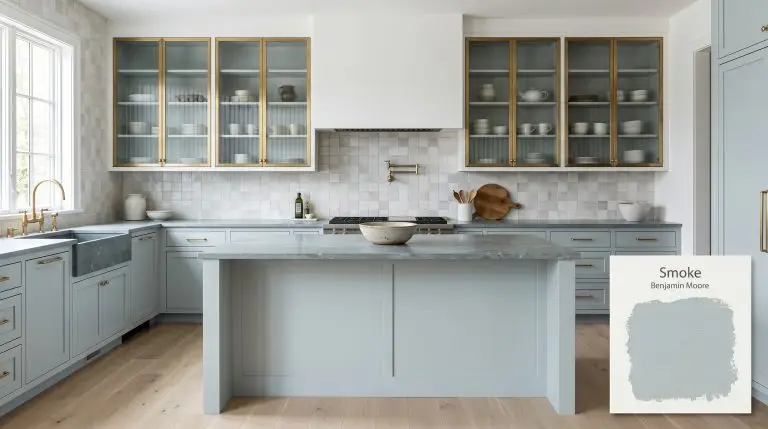 A luxurious transitional kitchen features lower cabinetry and a central island painted in Benjamin Moore Smoke (Hex #BAC8C9), complemented by honed soapstone countertops and unlacquered brass hardware.