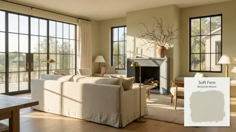 A modern rustic living room painted in Benjamin Moore Soft Fern (Hex #C8CAB2) features a honed soapstone fireplace, pale linen sofa, and matte white oak flooring.