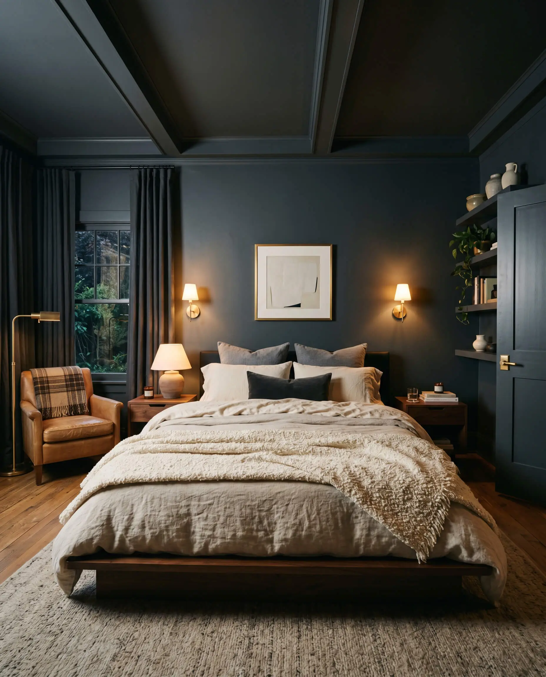 A cozy primary bedroom completely color-drenched in Benjamin Moore Soot (Hex #373C41) showcases a platform bed layered with tumbled cotton sheets and a bouclé throw.