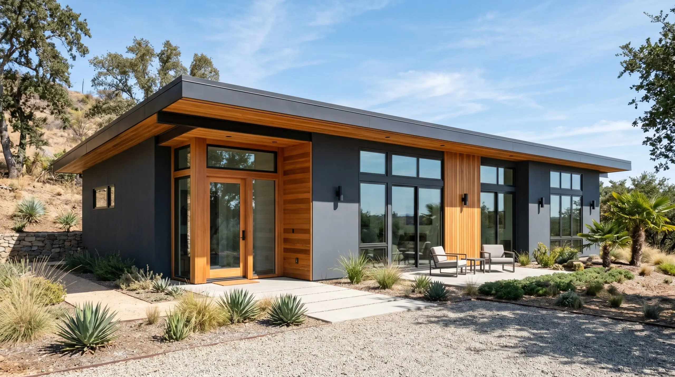 A striking architectural finish of dark blue-gray cast siding contrasts with natural cedar wood accents and large modern windows on a mid-century exterior.