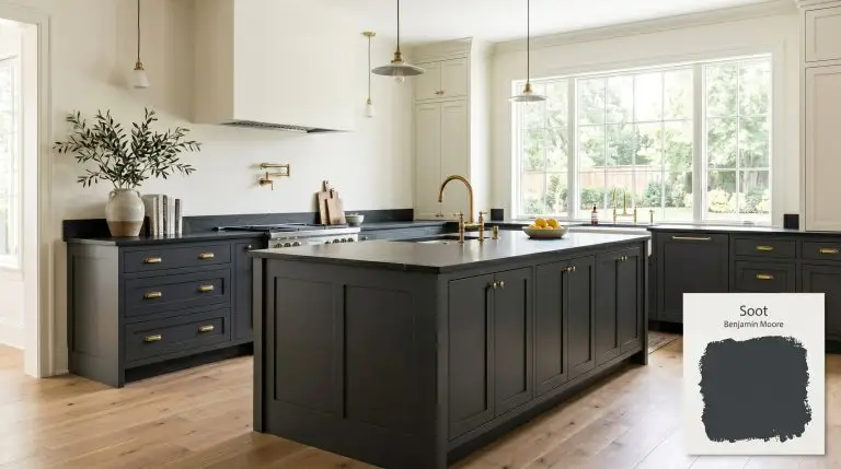 A stunning transitional kitchen painted in Benjamin Moore Soot (Hex #373C41) features a large central island, honed soapstone countertops, and unlacquered brass hardware.