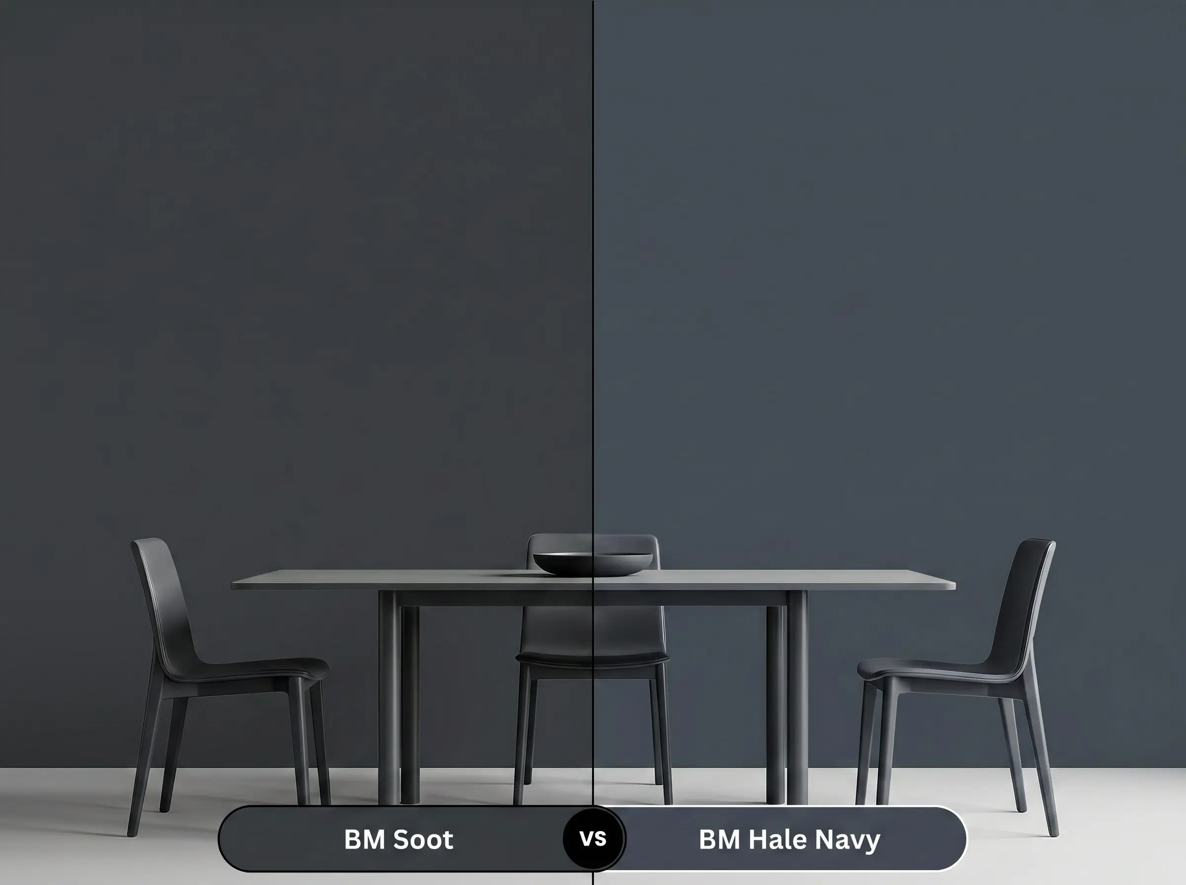 A side-by-side split-screen comparison of Benjamin Moore Soot on the left and Benjamin Moore Hale Navy on the right, shown in a modern dining room.